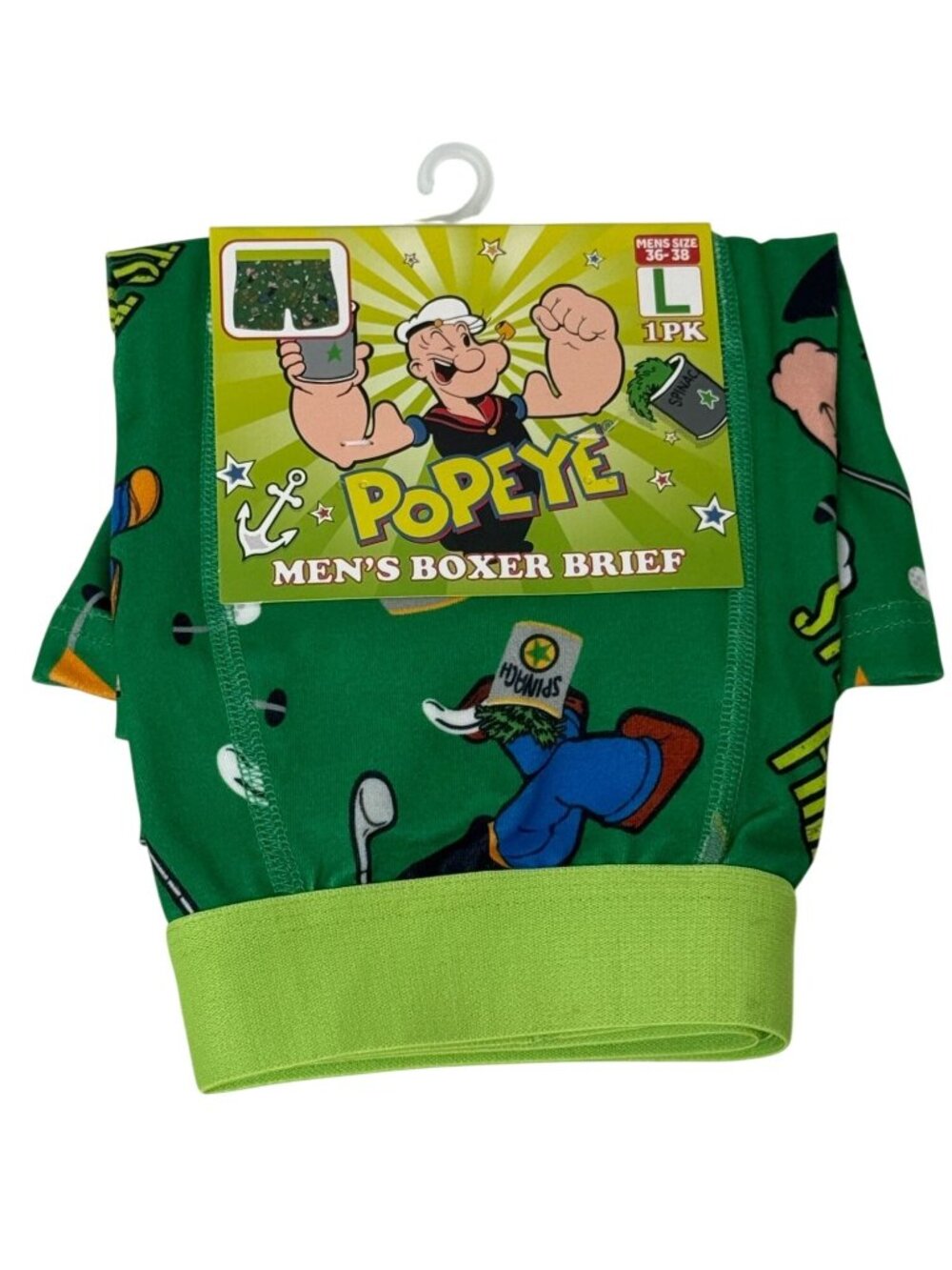 Popeye Men's Boxer Briefs Size L Green Spinach Print NWT